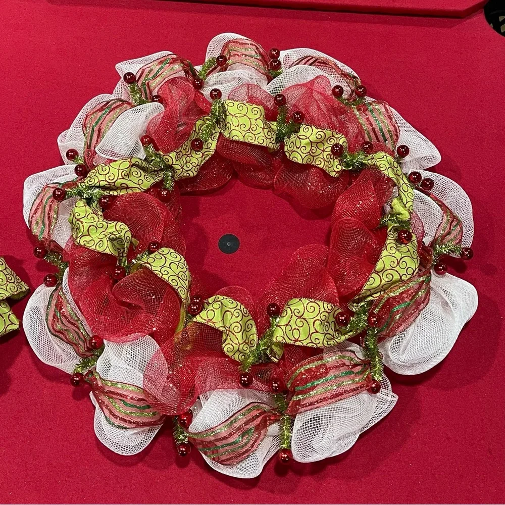 Handmade Christmas Deco Mesh Wreath with Lime Green Swirl Ribbon and Red Berries